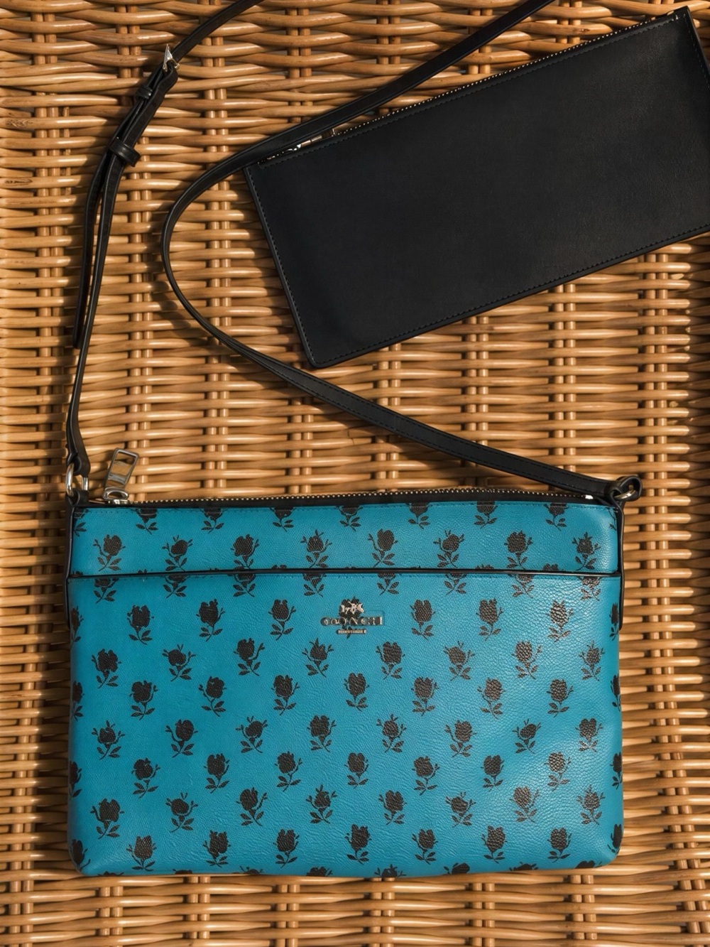 Coach Teal Crossbody Bag with Black Floral Print